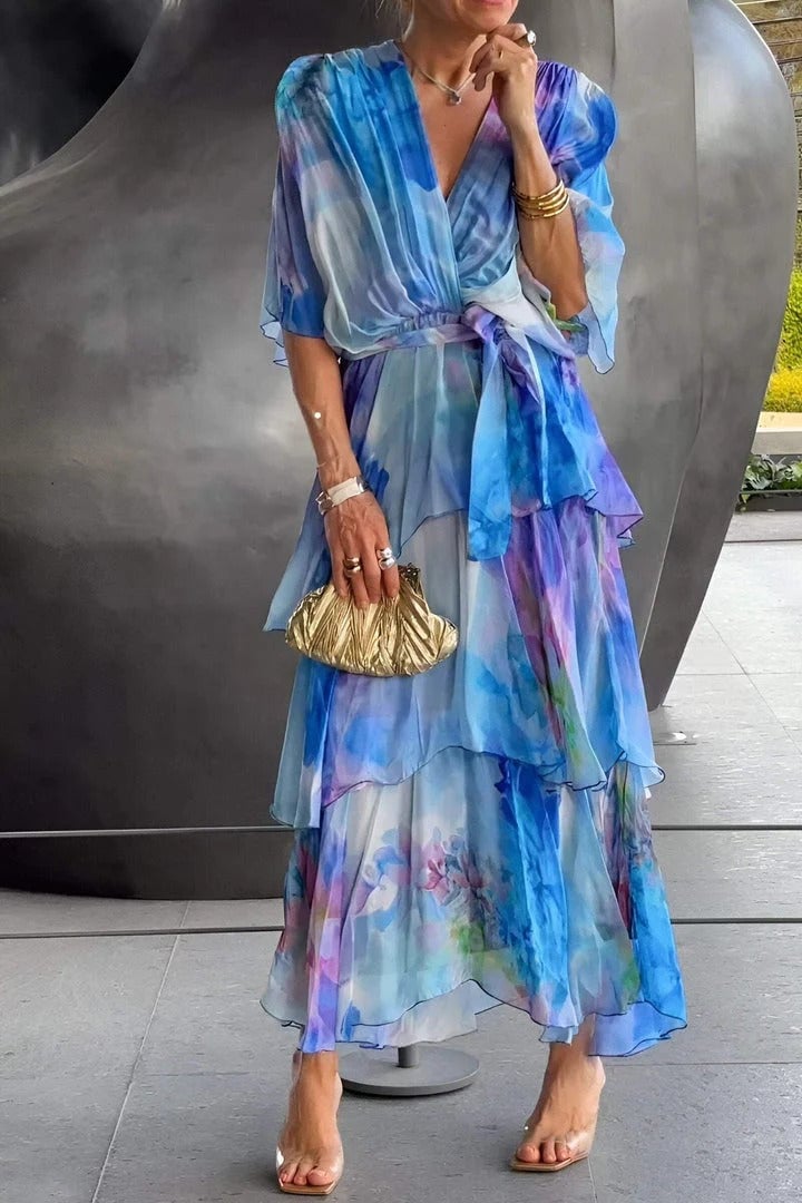Celestara | Women’s Watercolour Midi Dress in a Tiered Wrap Style