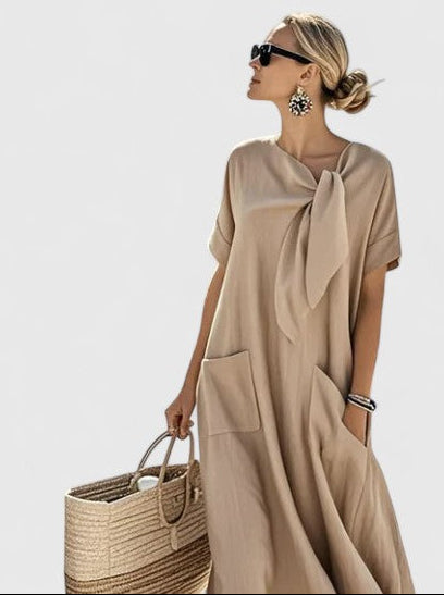 Avelora | Women’s Loose Midi Dress featuring a Tie Neck